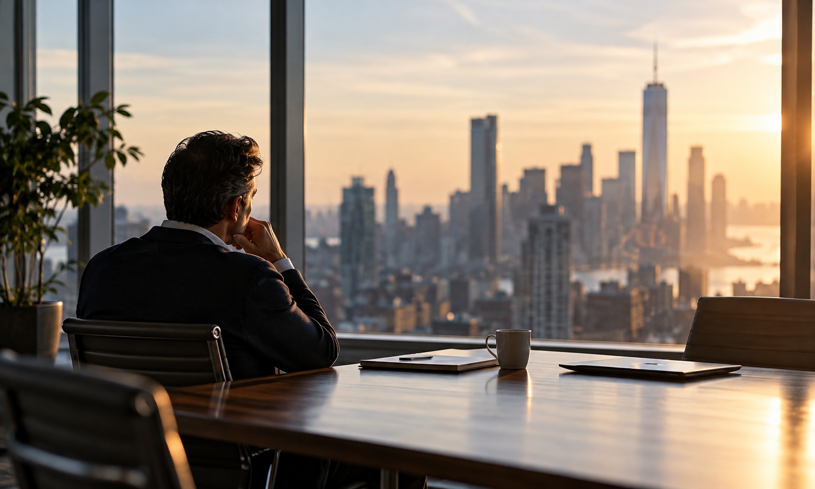 Business owner sitting alone in a conference room, looking out at the New York City skyline, reflecting on the pressures and loneliness of entrepreneurship.
