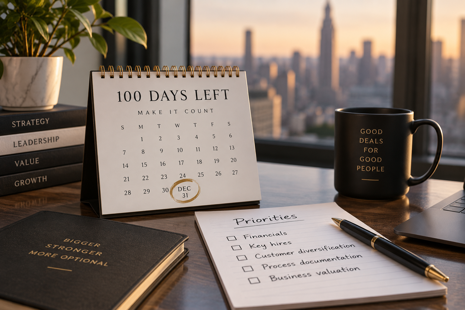 Desk calendar marking 100 days left in the year with a business owner's year-end priorities