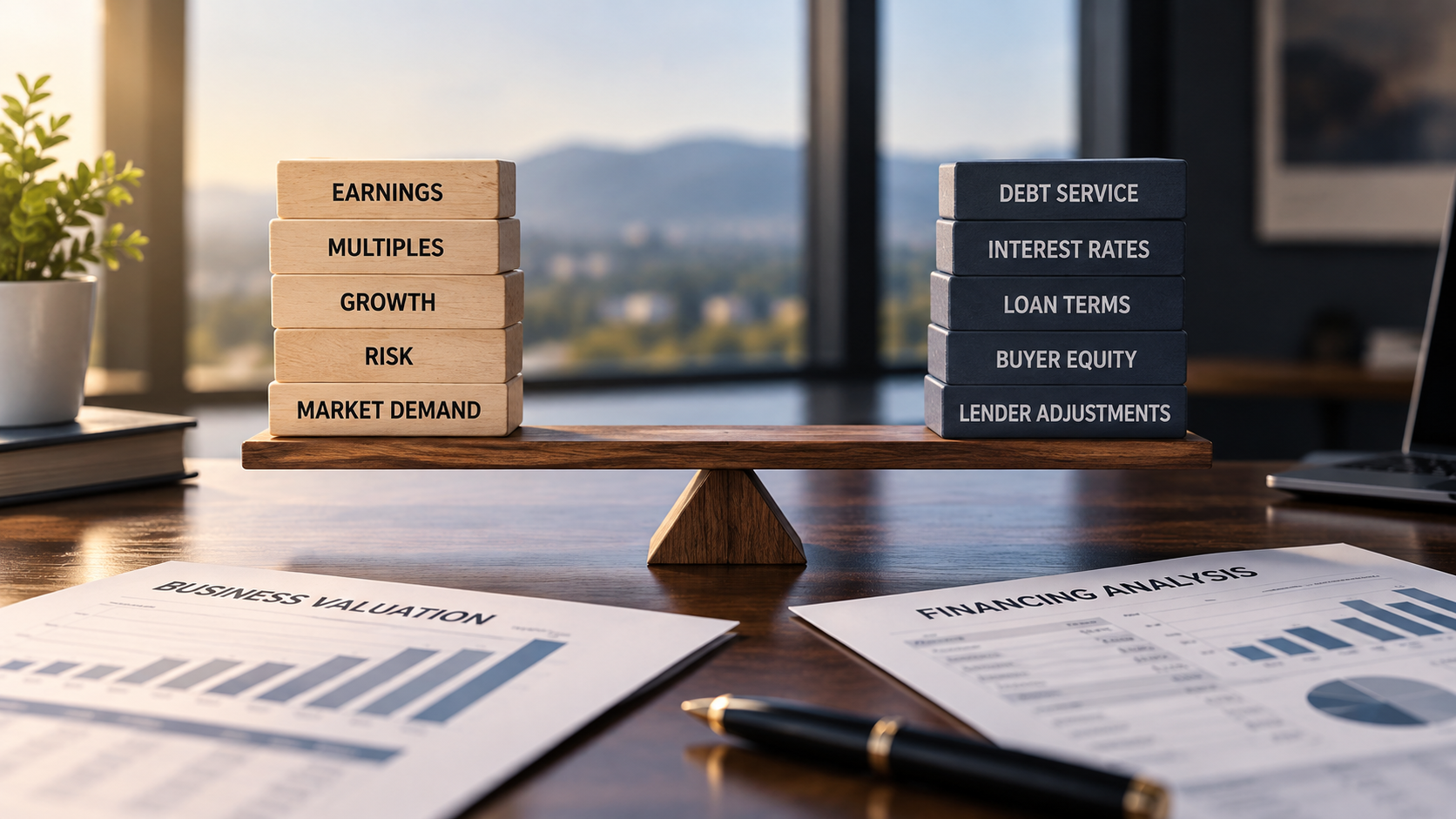 Business valuation and financing factors balancing earnings, market multiples and growth against debt service, interest rates and loan terms