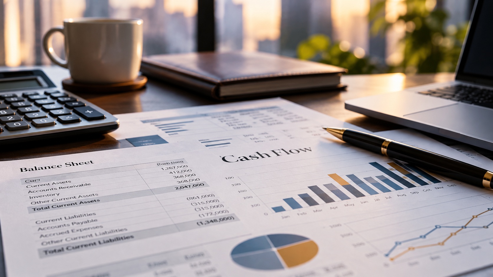 Financial statements showing cash flow, balance sheet figures, and charts alongside a calculator and laptop, illustrating the importance of working capital when selling or acquiring a business.