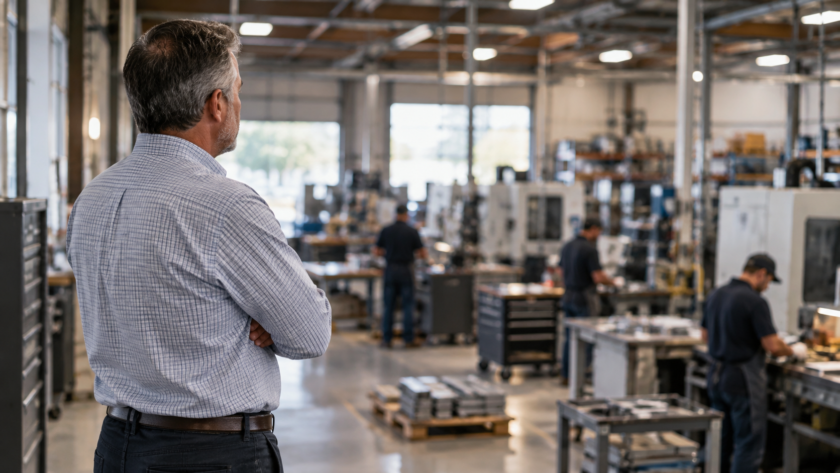 Business owner in a checked shirt stands with arms crossed, surveying the floor of his machine shop as employees work at CNC machines and benches
