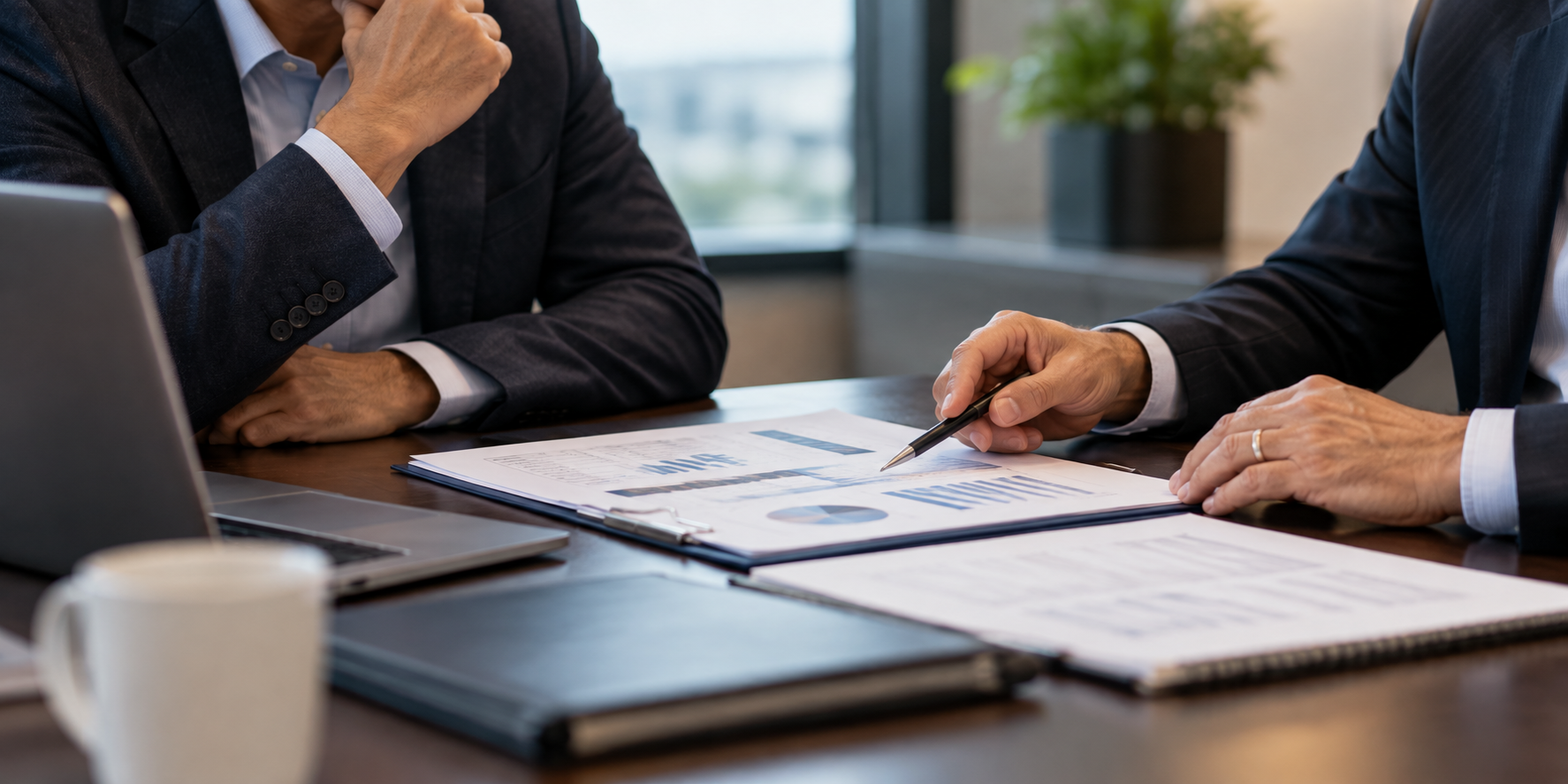 Business owner and advisor reviewing financial information during a confidential business sale