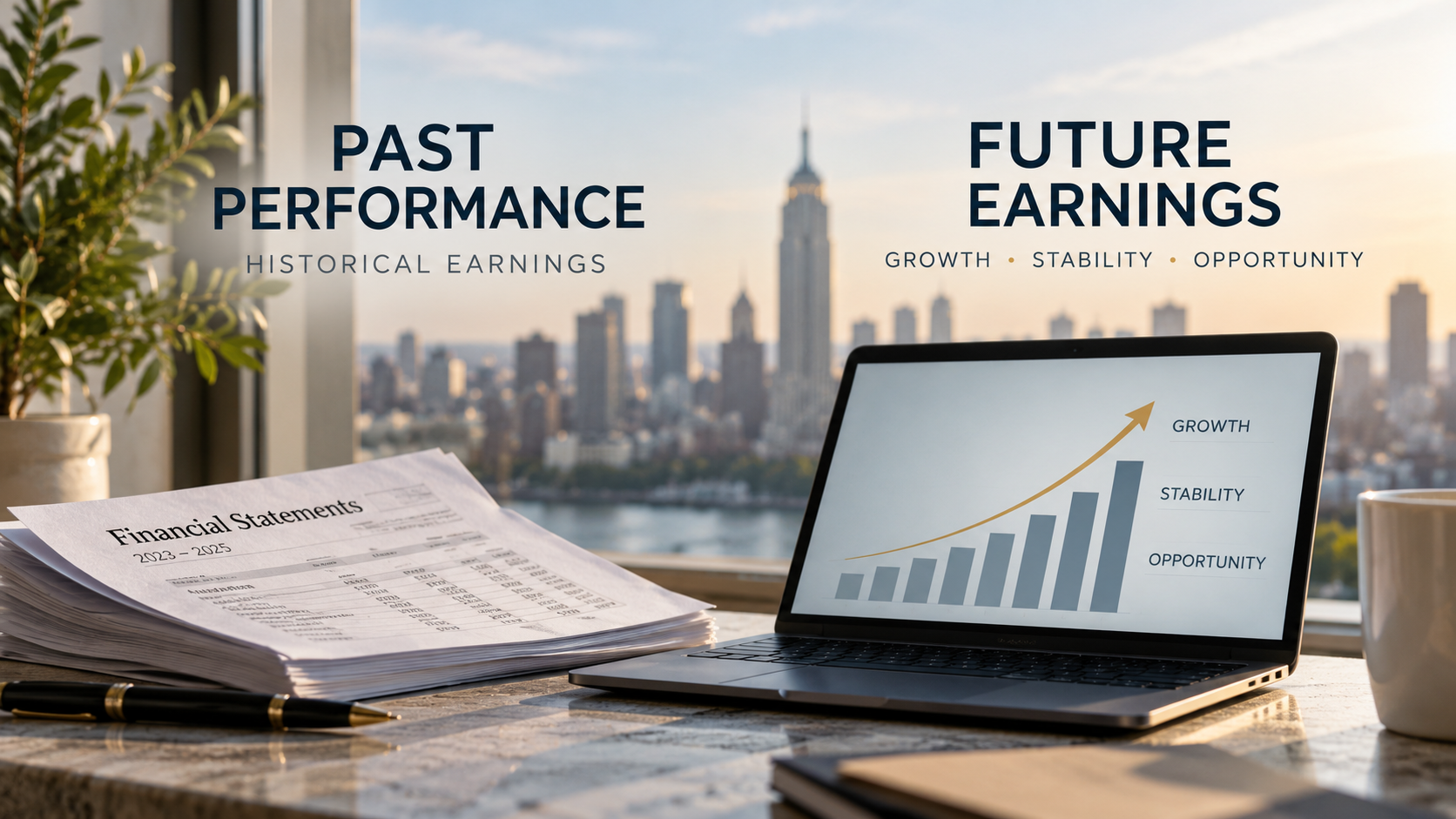 Business valuation comparison showing historical financial statements alongside future earnings projections and growth opportunities