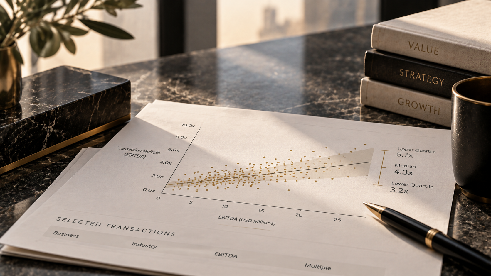 Business valuation multiples analysis showing EBITDA transaction multiples and valuation ranges
